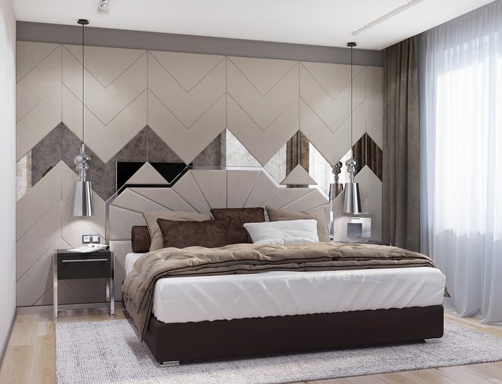 8-1-contemporary-style-interior-design-bedroom-beige-gary-white-bed-geometrical-headboard-leather-panels-mirror-inserts-nightstands-rug-suspended-lamps