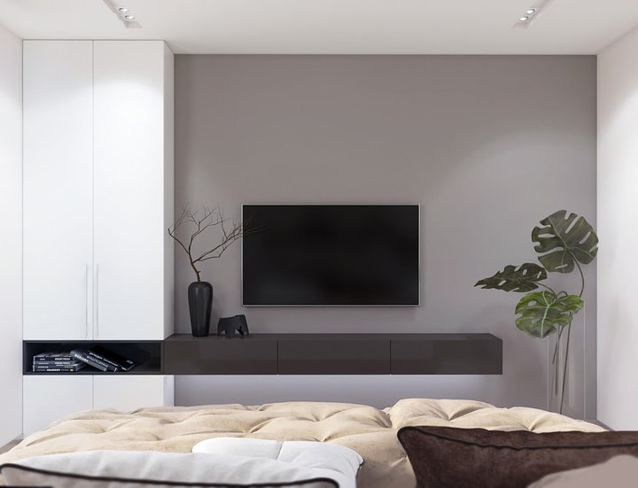 8-2-contemporary-style-interior-design-bedroom-tall-narrow-cabinet-wardrobe-storage-brown-console-TV-set-indoor-plants