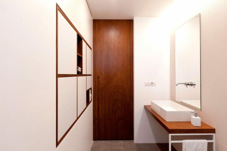 Tile-large-format-bathroom-design-wood-door-white-walls