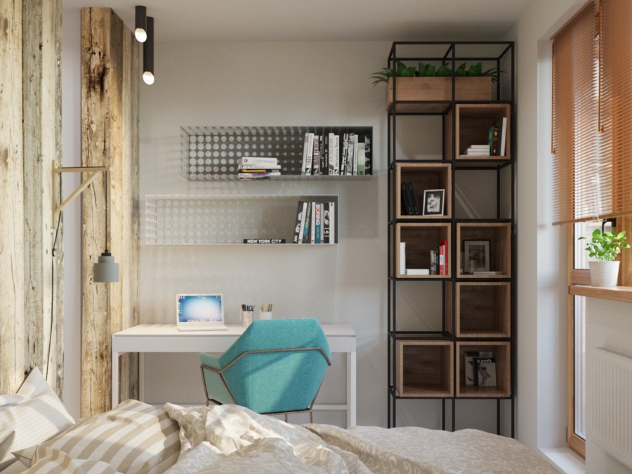 5 work area zone study desk in the bedroom blue chair perforated book shelves metal and wood shelving unit white walls timber wall log partition