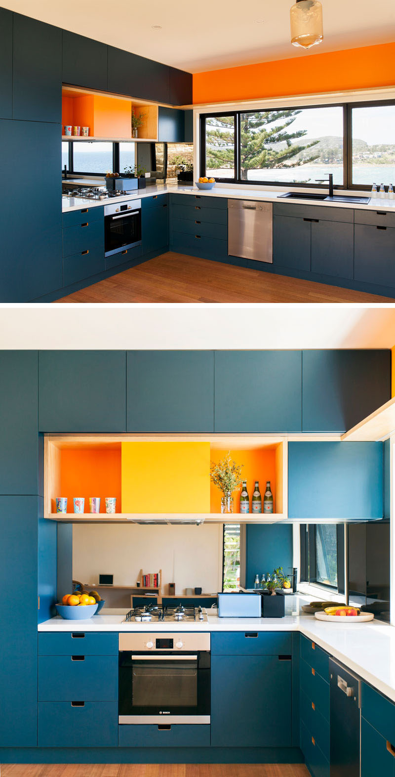Color isn't shied away from in this bright and modern kitchen that features all blue cabinetry and bright orange accents.