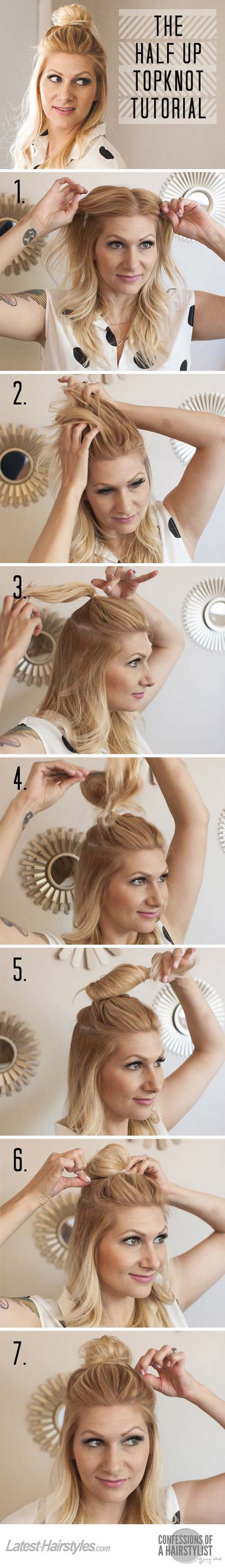 Cool and Easy DIY Hairstyles - The Half Up Top Knot - Quick and Easy Ideas for Back to School Styles for Medium, Short and Long Hair - Fun Tips and Best Step by Step Tutorials for Teens, Prom, Weddings, Special Occasions and Work. Up dos, Braids, Top Knots and Buns, Super Summer Looks http://diyprojectsforteens.com/diy-cool-easy-hairstyles