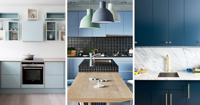 Here are 12 examples of modern blue kitchens all along the blue spectrum that range from blues so light that they're nearly white all the way to blues so dark that they're almost black.