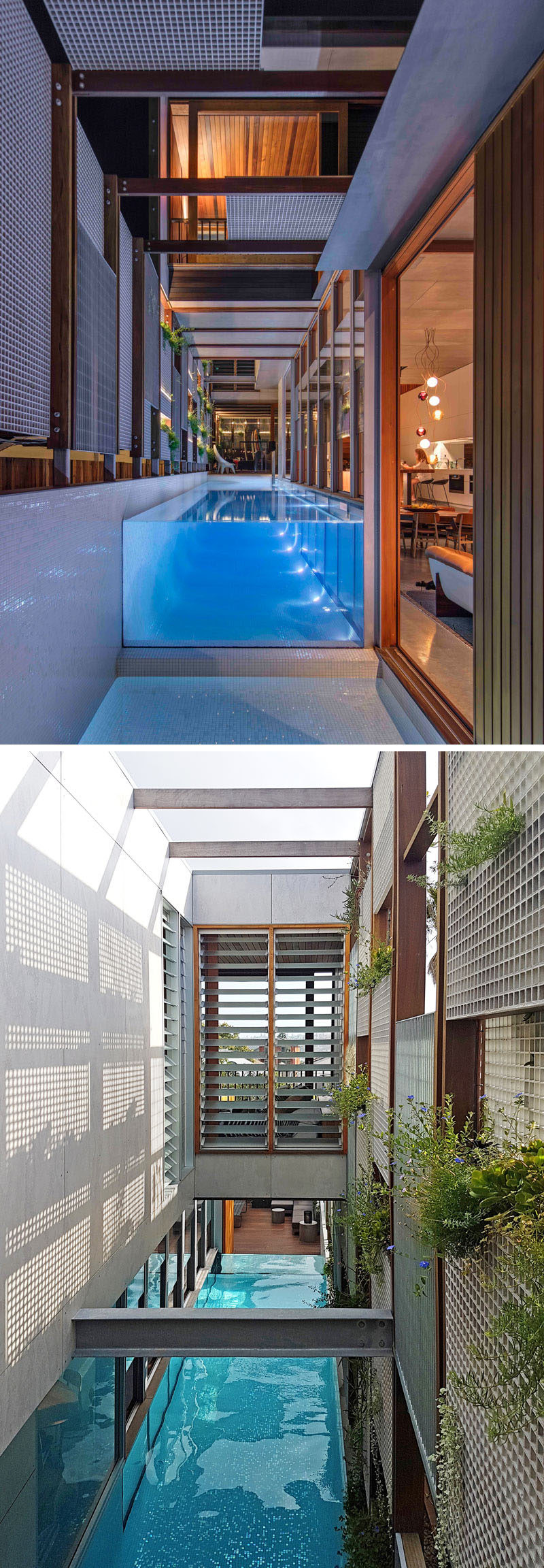 Off to the side of the living room in this modern house, is a small pond at the end of the above ground swimming pool. In these photos you can see how the space above the pool is partially open to the sky and allows sunlight to filter through.