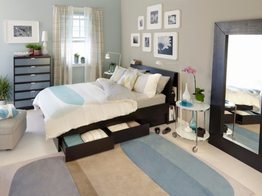 Taupe and blue color scheme bedroom with stylish accents