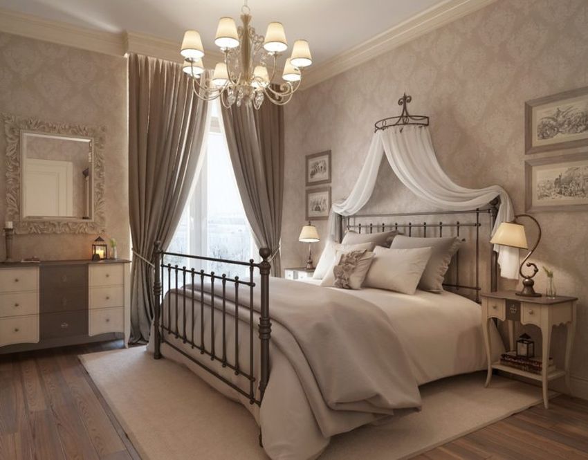 Warm taupe bedroom with soft lighting and layered textures