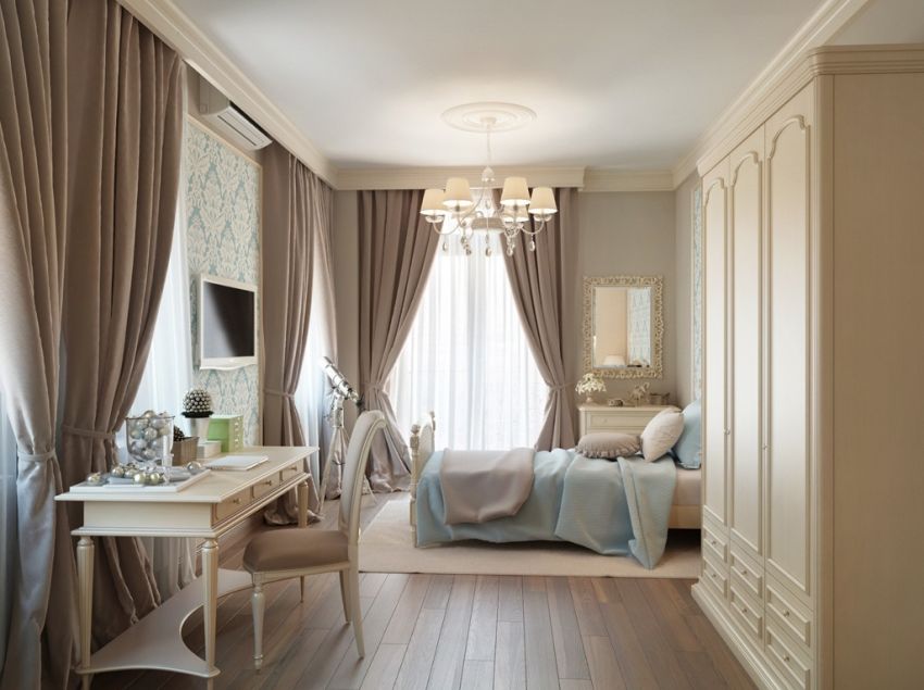 Minimalist taupe bedroom with clean lines and natural light
