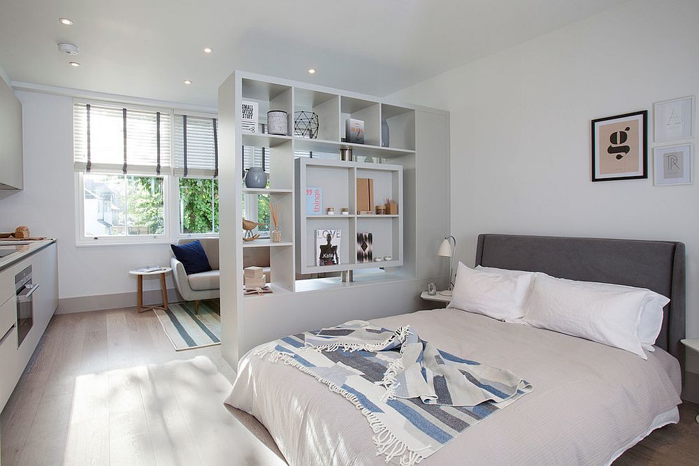 Scandinavian style bedroom with creative room divider and soft ambient lighting