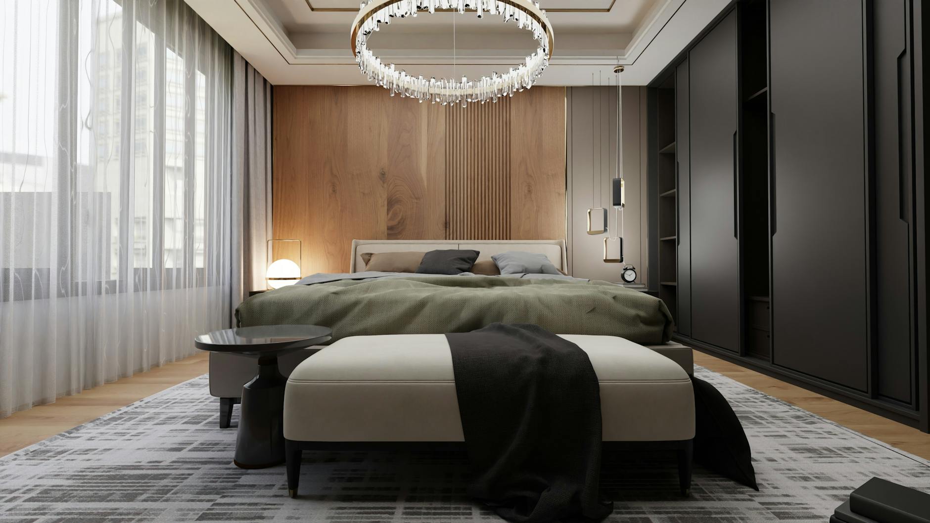 Elegant modern bedroom interior featuring sleek design elements