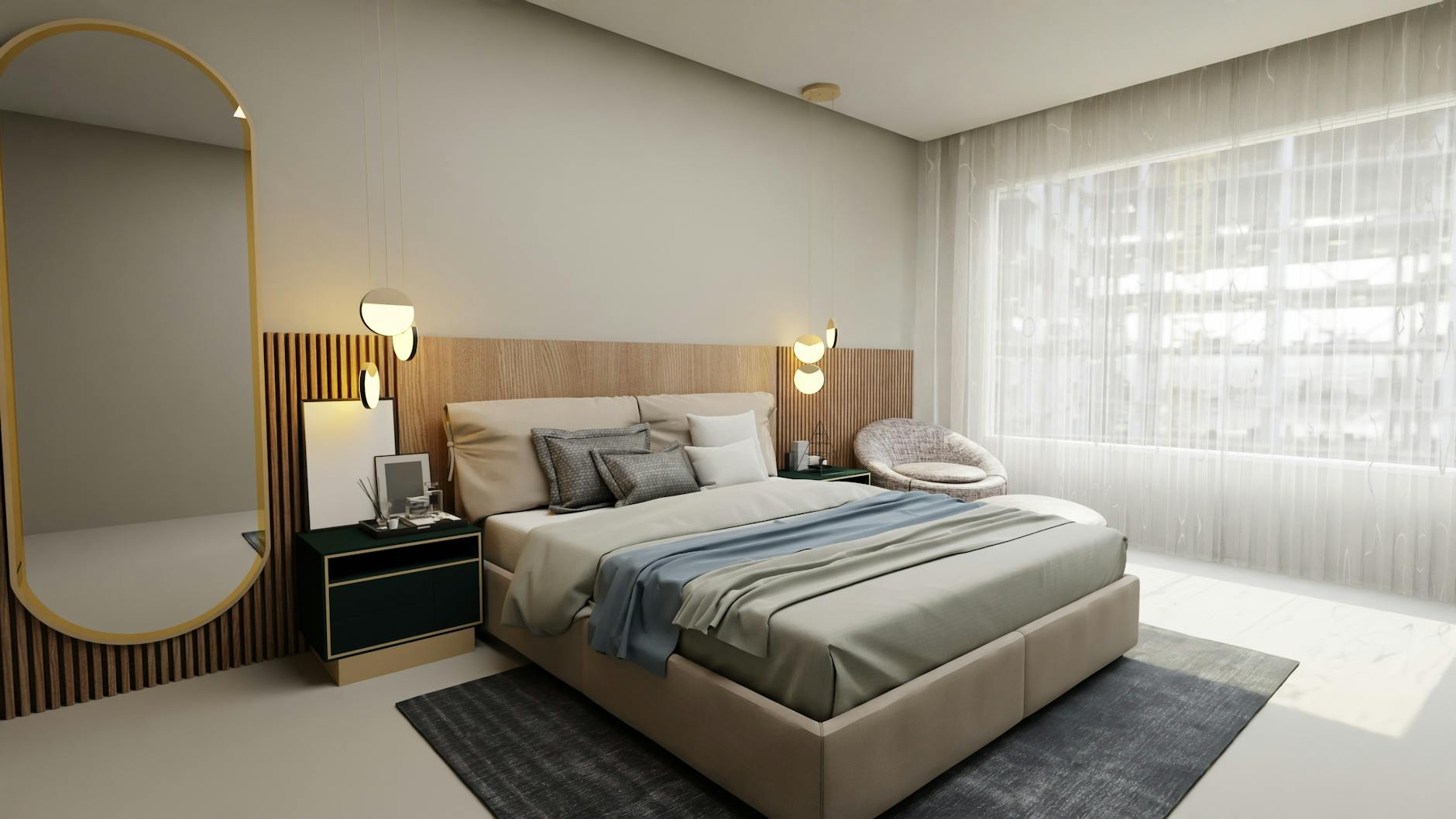 Stylish bedroom featuring cozy decor with a minimalist touch, highlighted by large windows and sleek furniture.