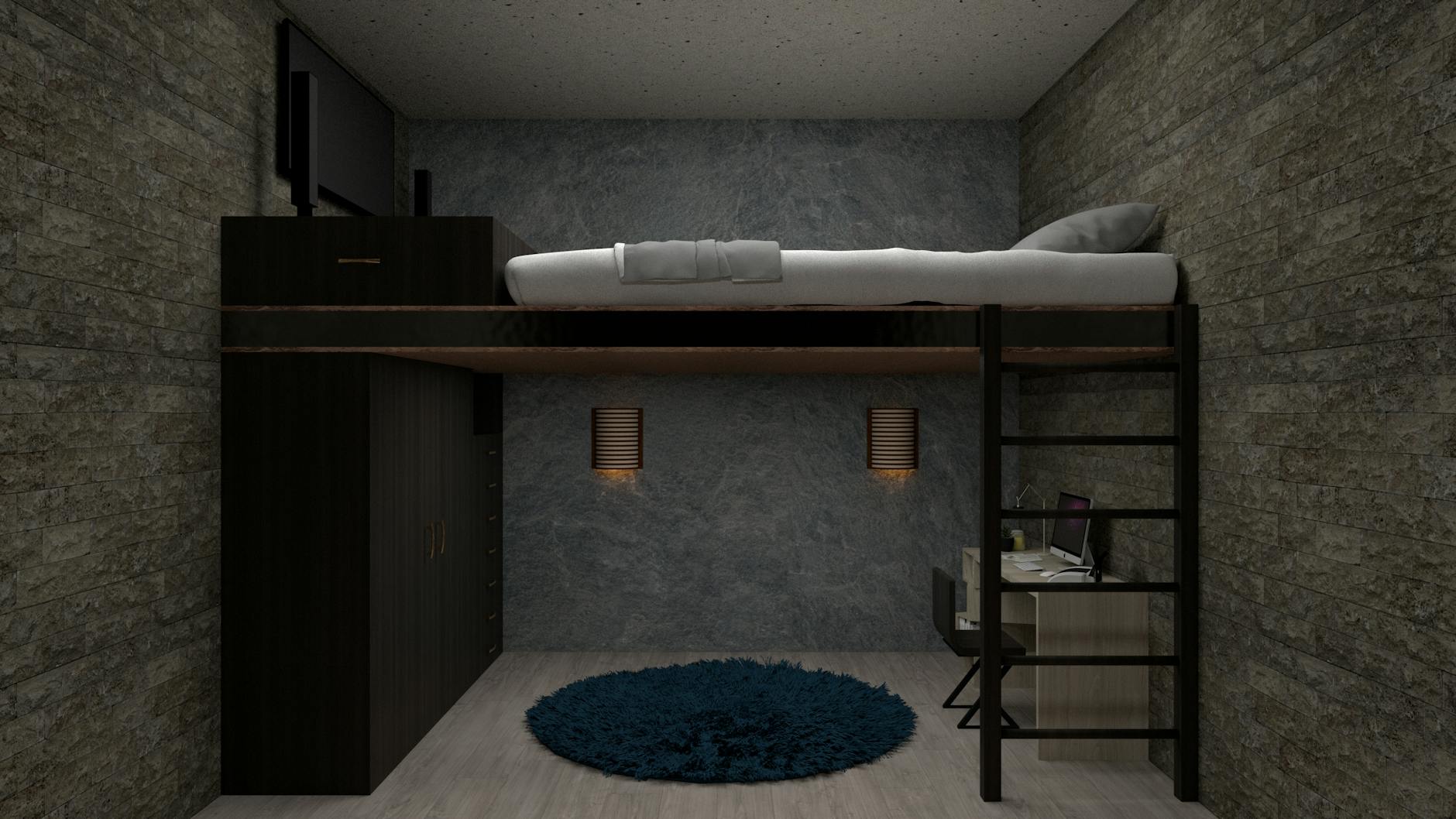 A stylish loft bedroom featuring a bed above a home office space, perfect for maximizing small spaces.