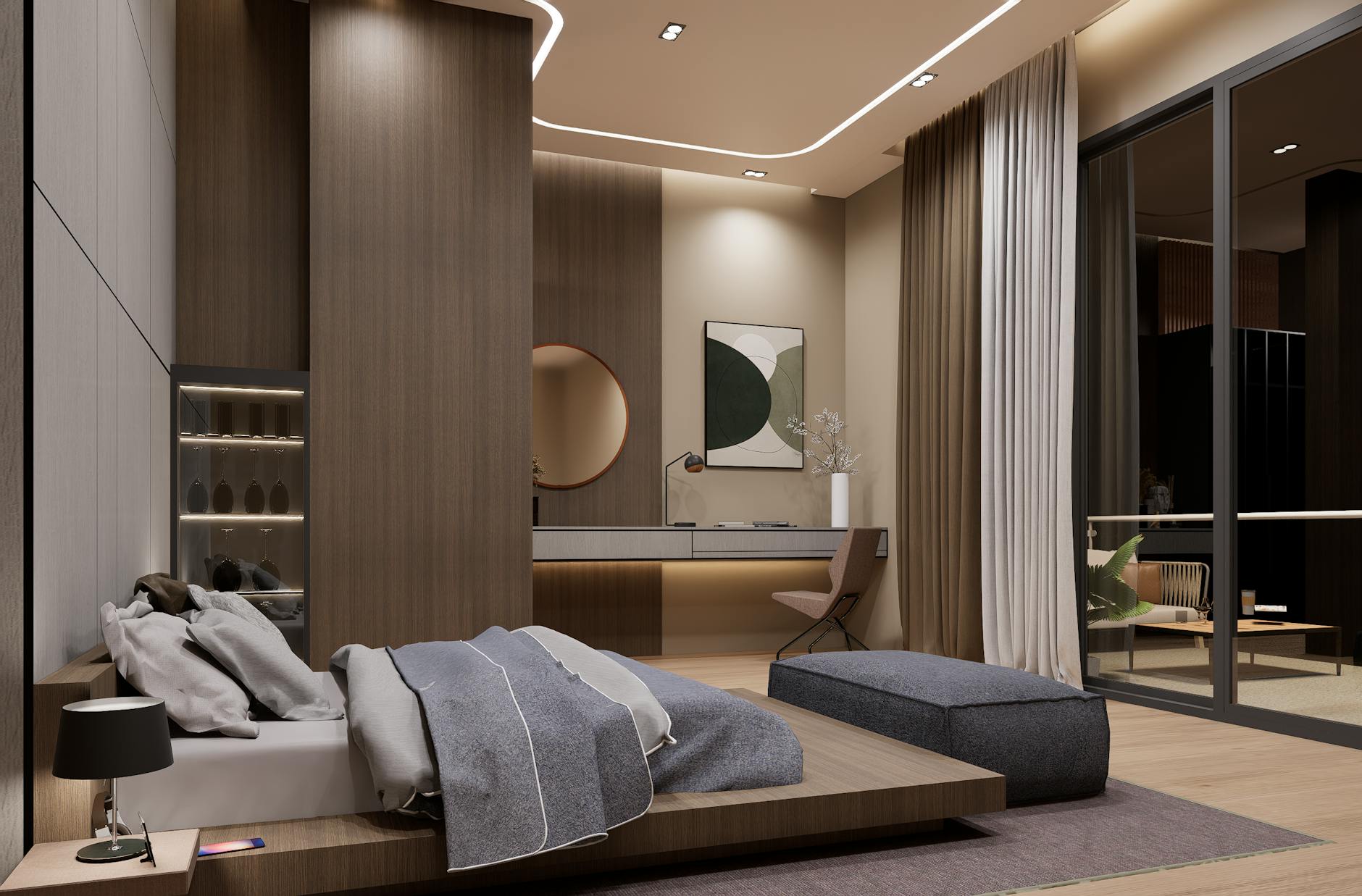 Stylish minimalist bedroom interior featuring a cozy bed and modern furniture