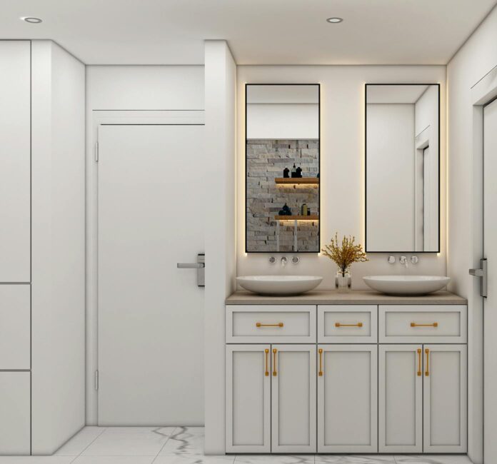 pexels-34787745 A stylish bathroom interior featuring dual sinks, mirrors, and contemporary design.