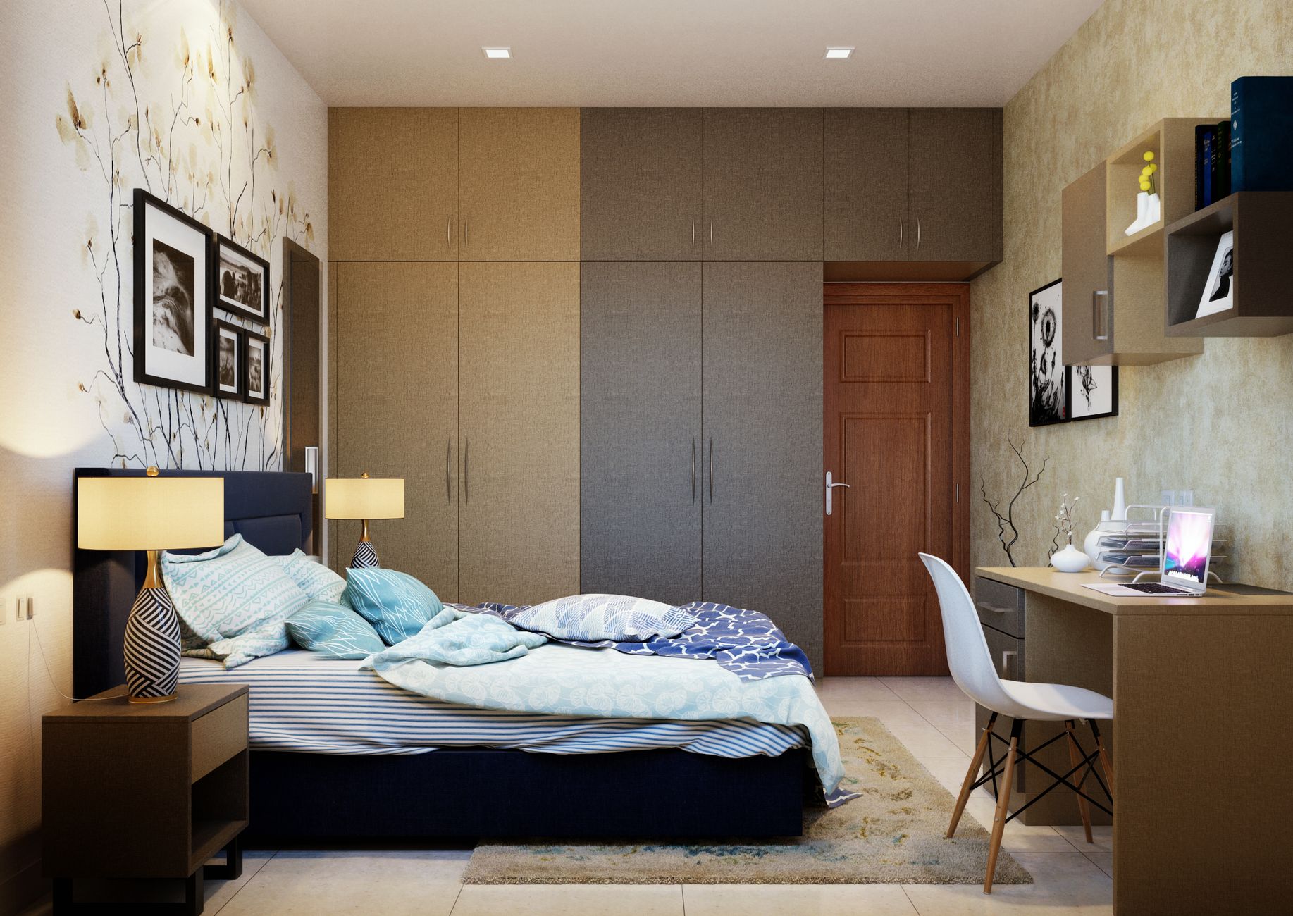 A modern bedroom with stylish decor, featuring a neatly arranged bed and contemporary furniture.