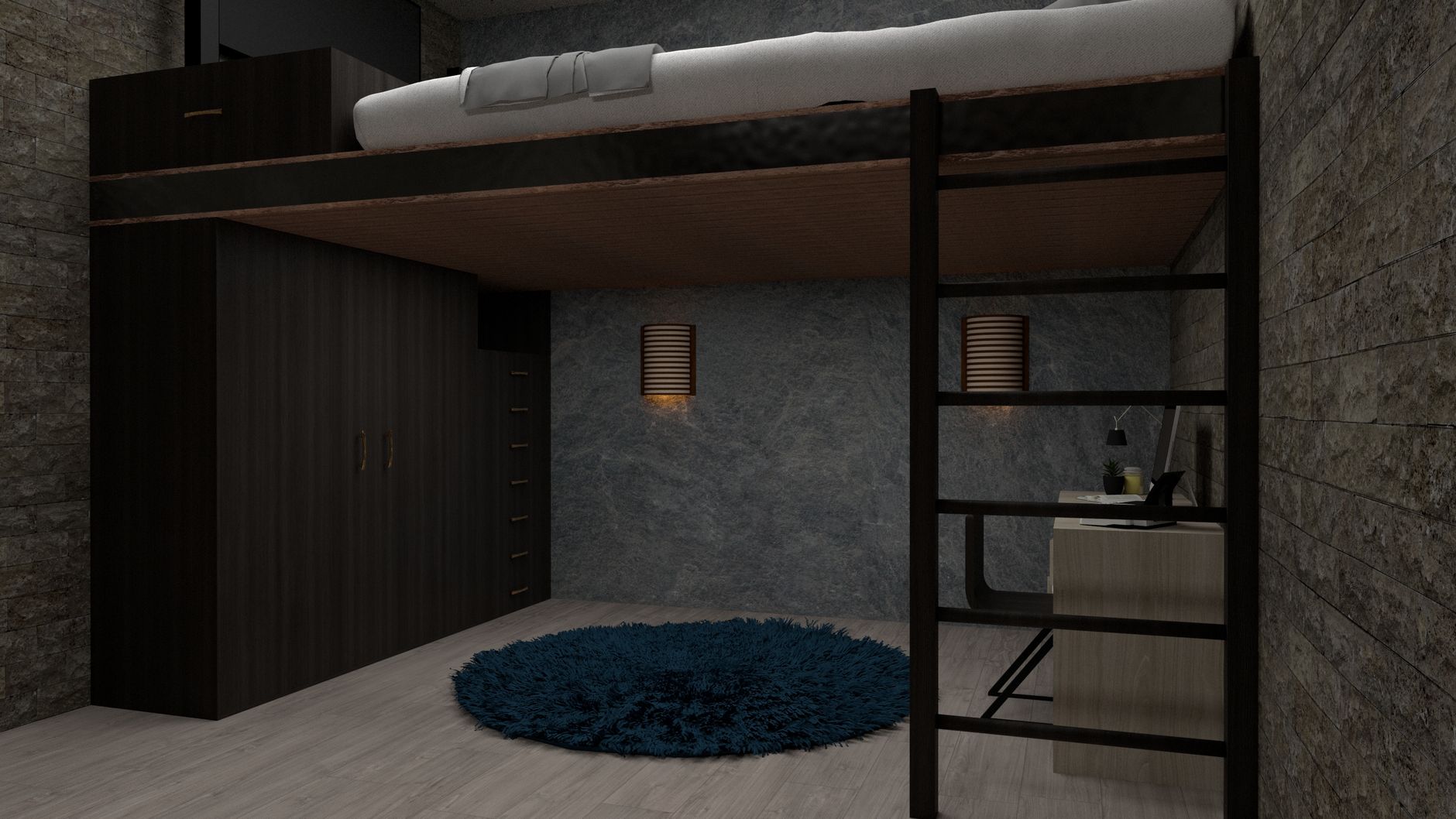 Stylish modern loft bedroom with minimalist design and smart storage solutions
