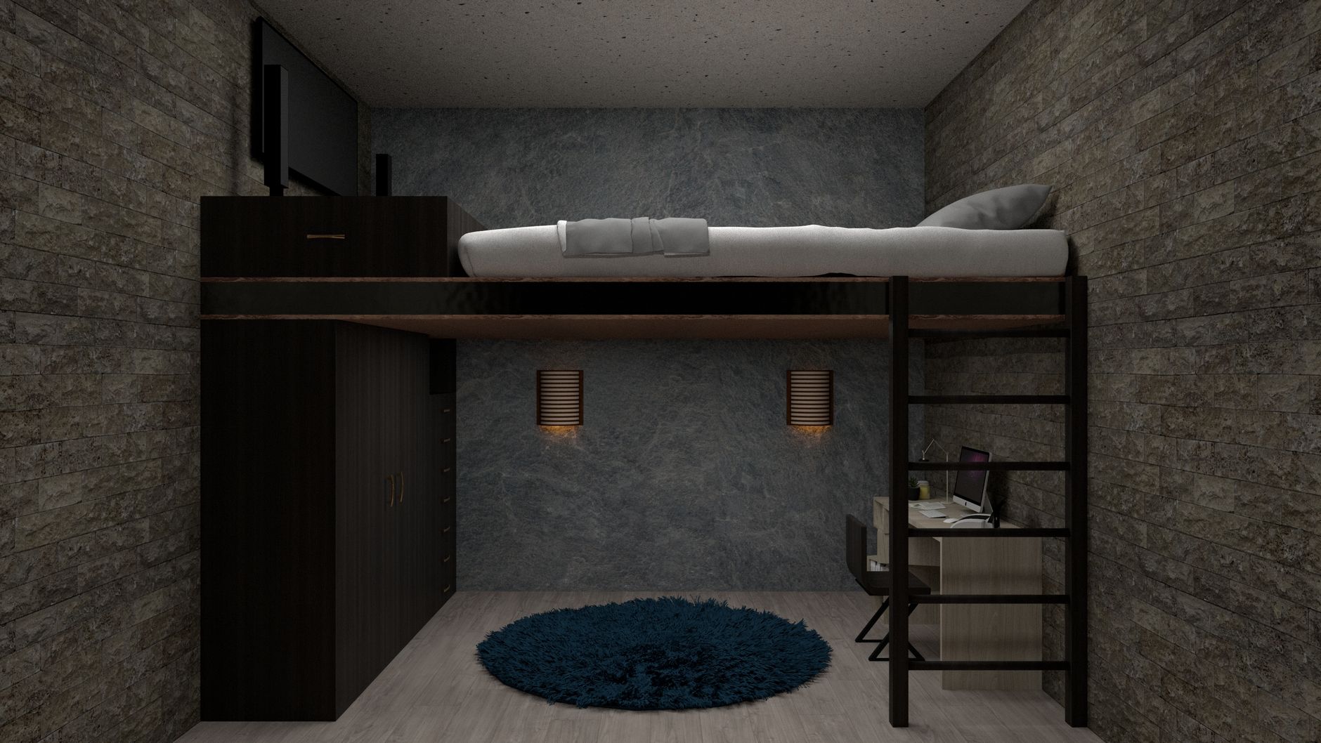 A stylish loft bedroom featuring a bed above a home office space, perfect for maximizing small spaces.