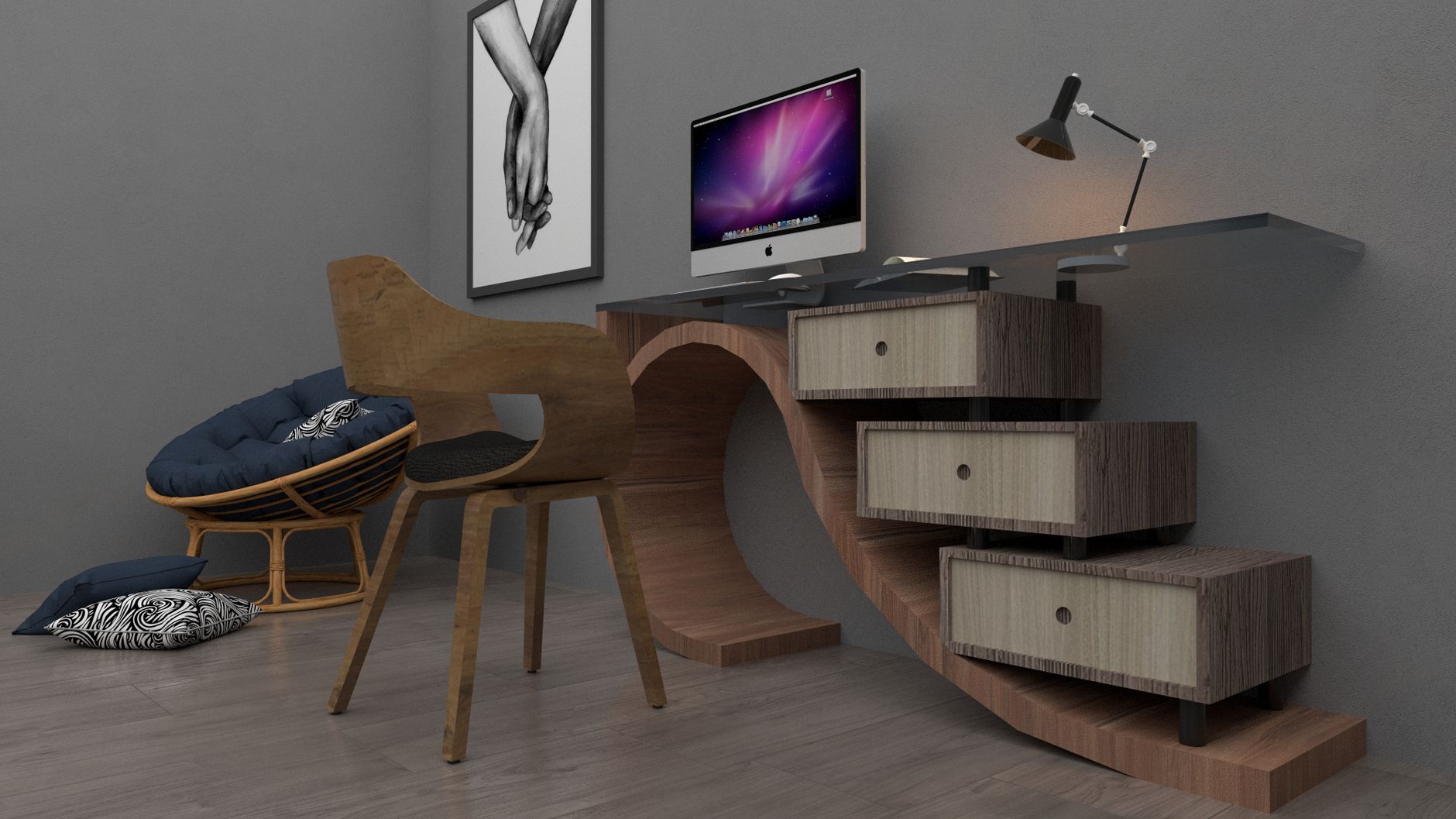 Sleek home office with wooden furniture and natural light