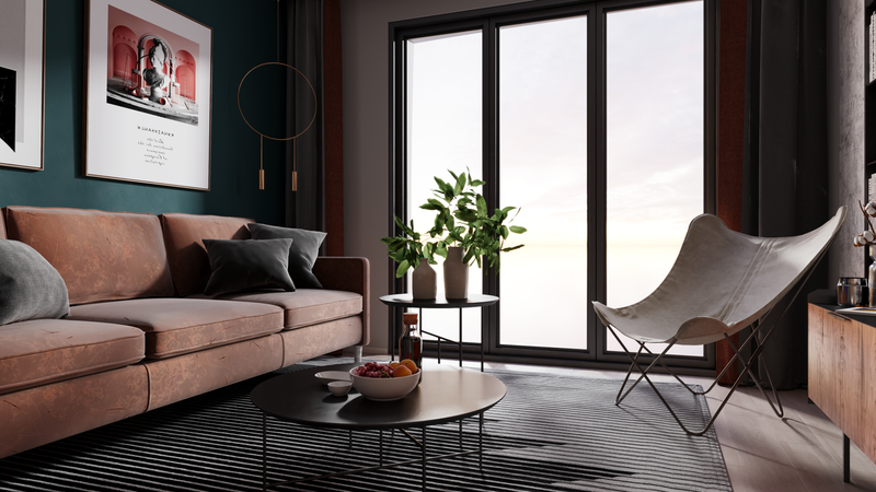 Contemporary living room with a leather couch and modern furnishings