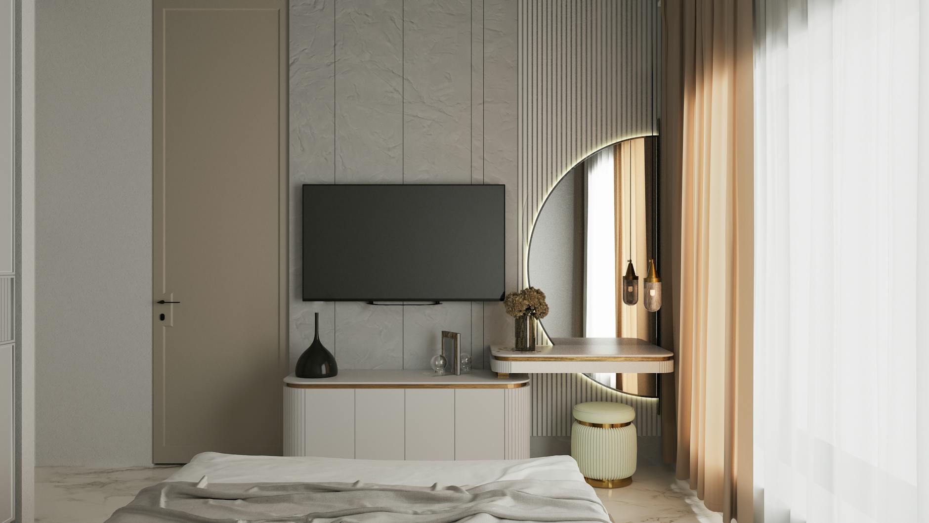 Elegant modern bedroom interior with minimalist design and neutral tones