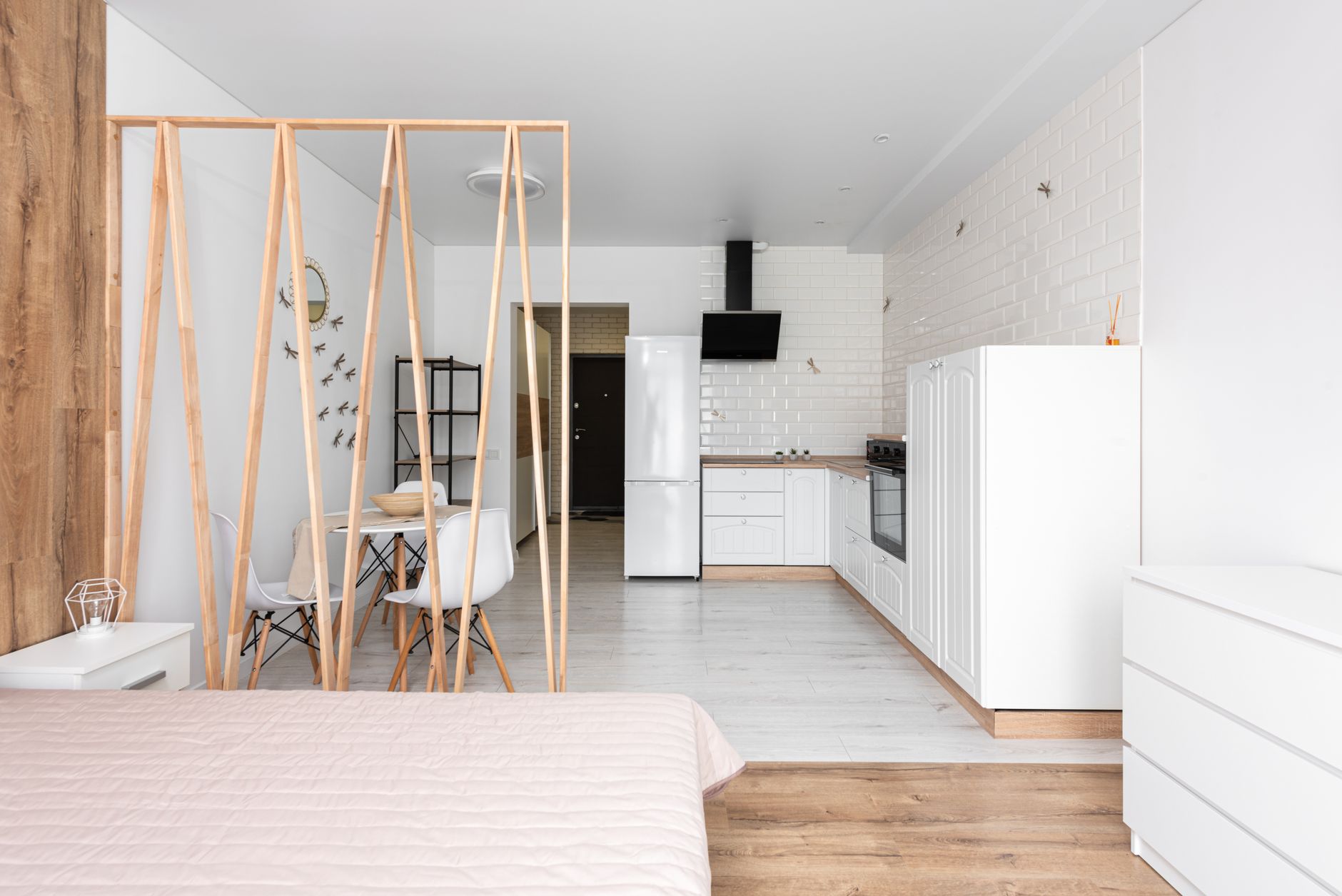 Spacious modern studio apartment featuring an open plan layout with small space design