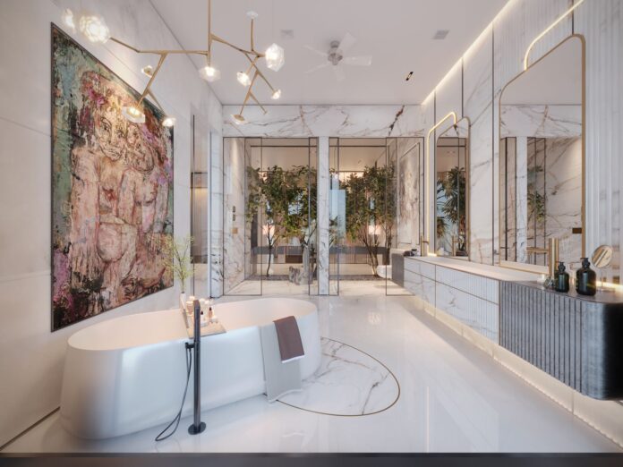 pexels-33529508 Explore this luxurious bathroom featuring modern decor, marble surfaces, and a freestanding bathtub.