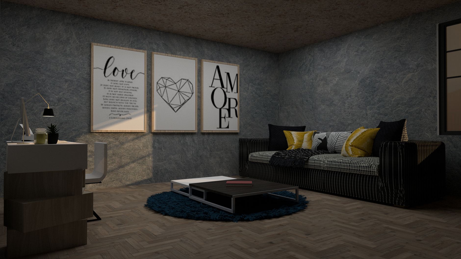 Modern living room with stylish decor, including framed art and a cozy sofa for relaxation.
