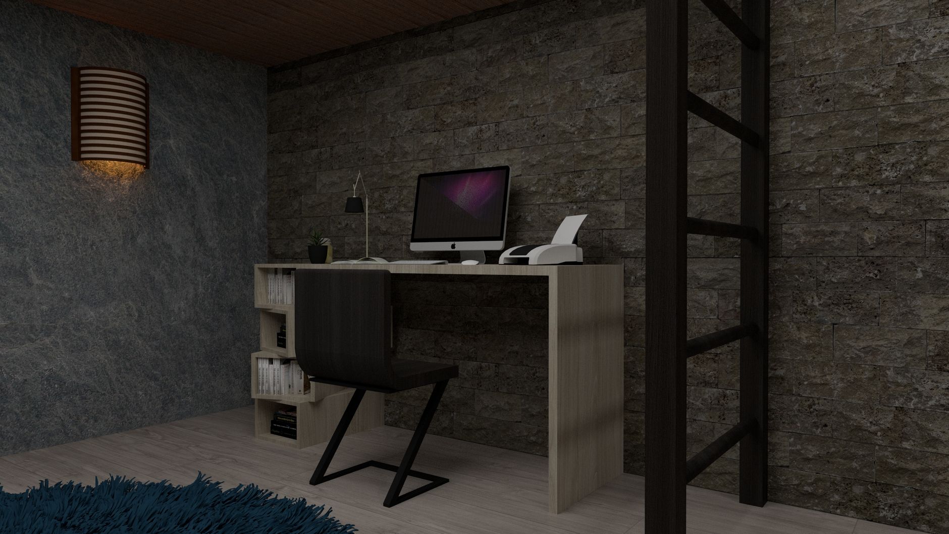 A stylish home office with minimalist desk setup, chair, and computer in dim lighting.