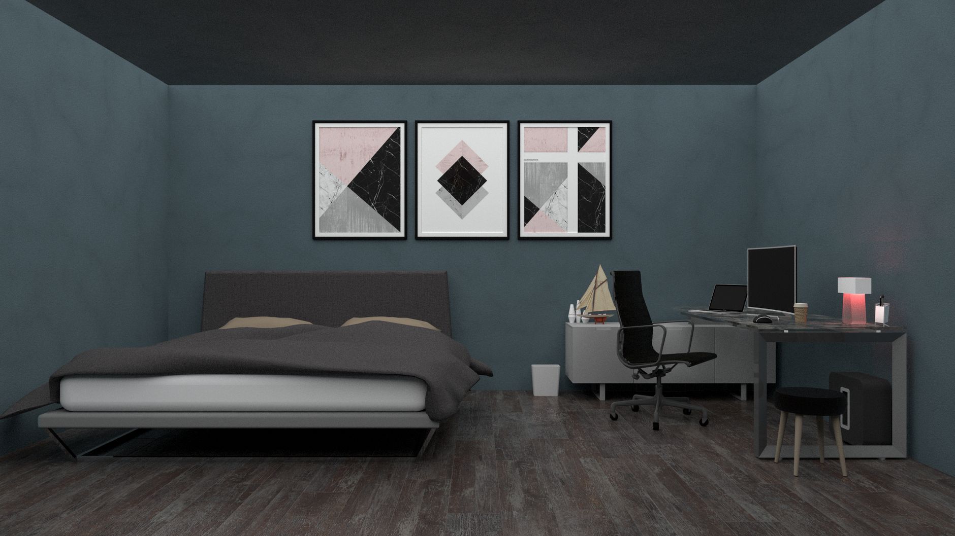 Stylish bedroom with a desk, modern art, and gray walls featuring minimalist design elements.
