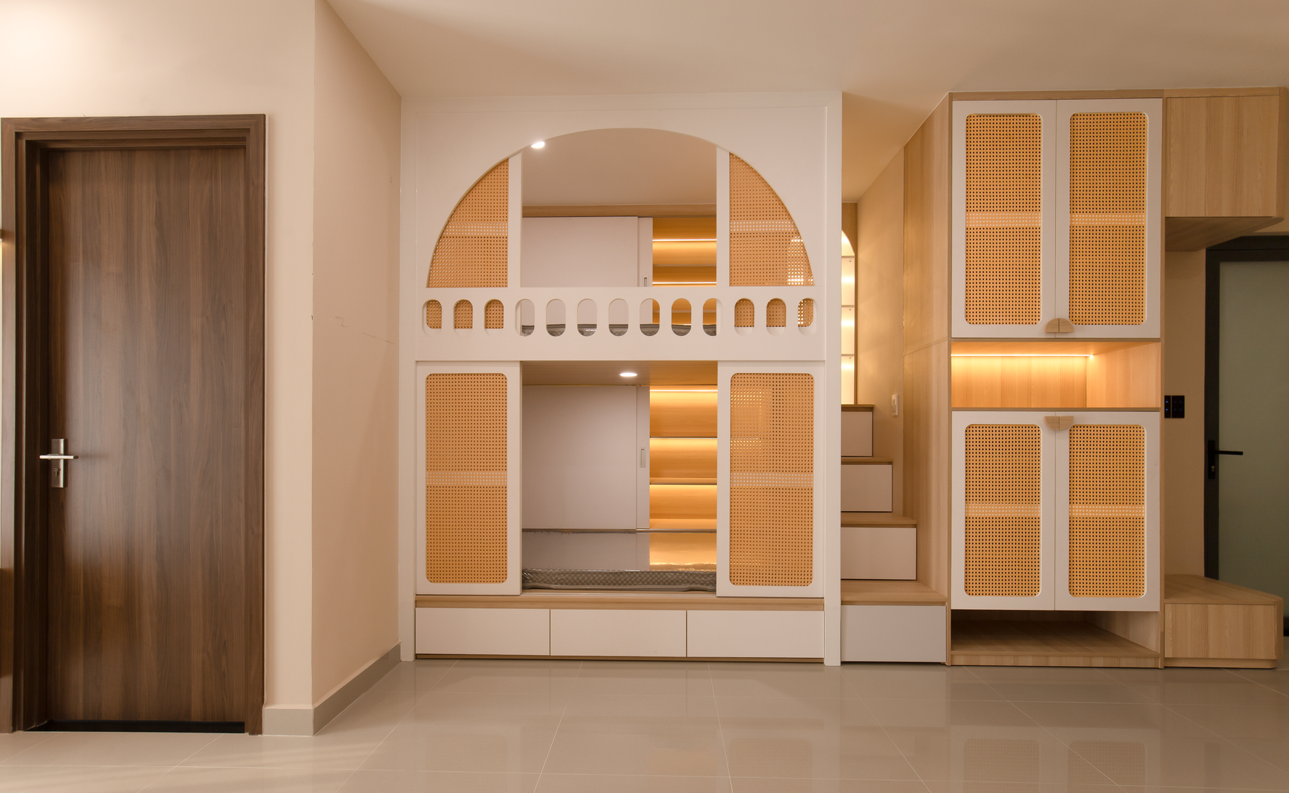Compact stylish apartment interior with multi-functional furniture