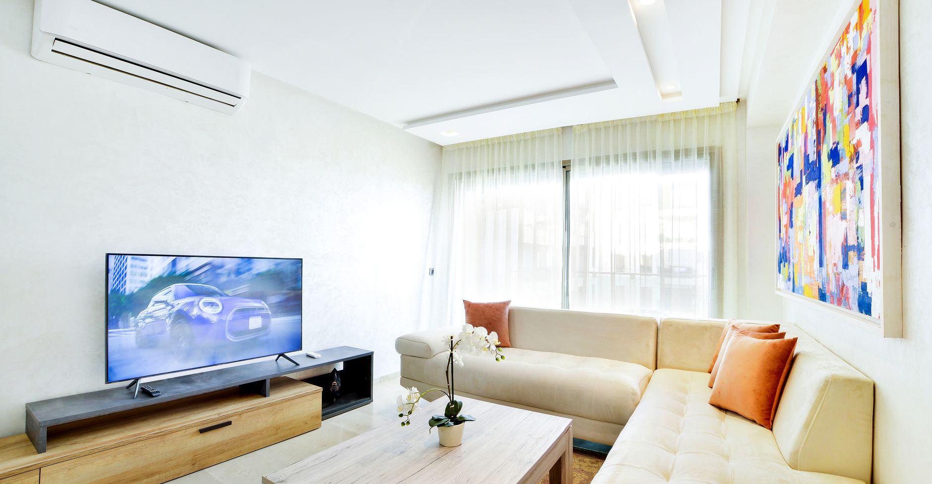 Bright living room featuring modern decor with sofa, TV, and abstract art.