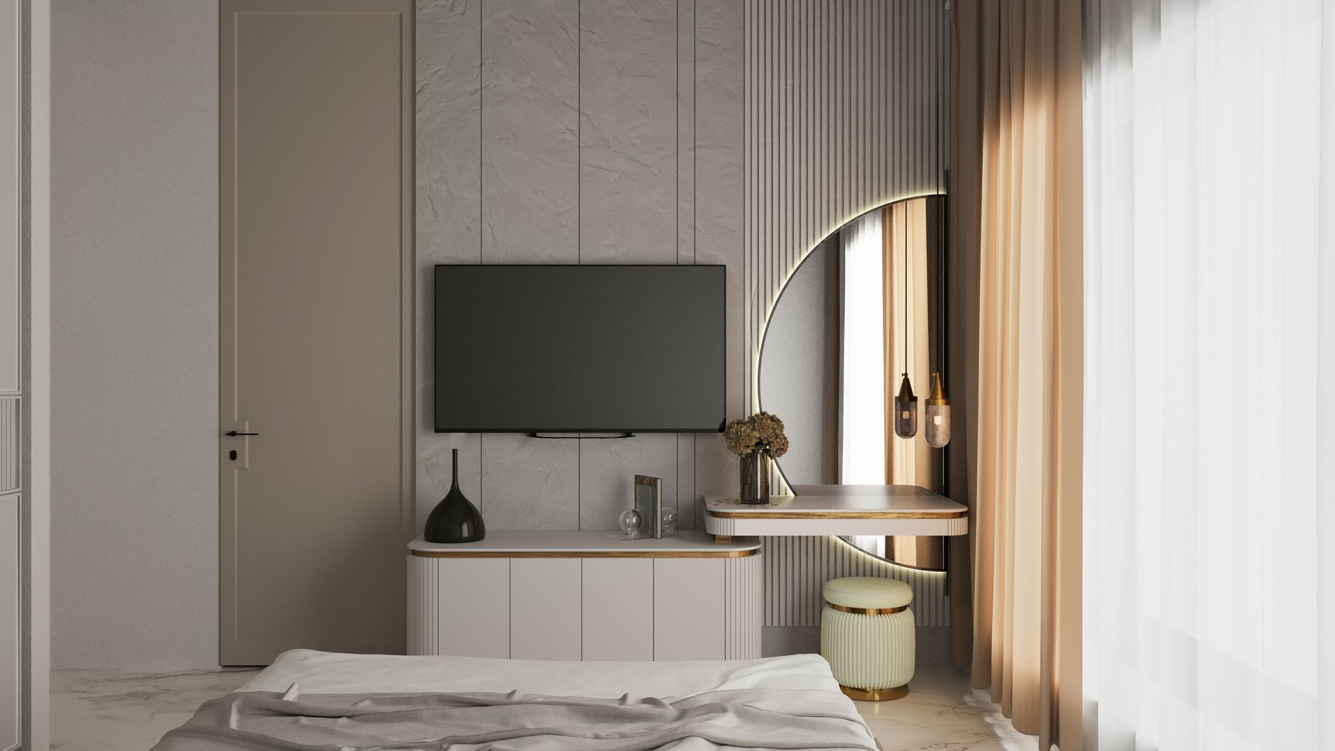 Elegant modern bedroom interior with minimalist design elements, TV, and unique decor.
