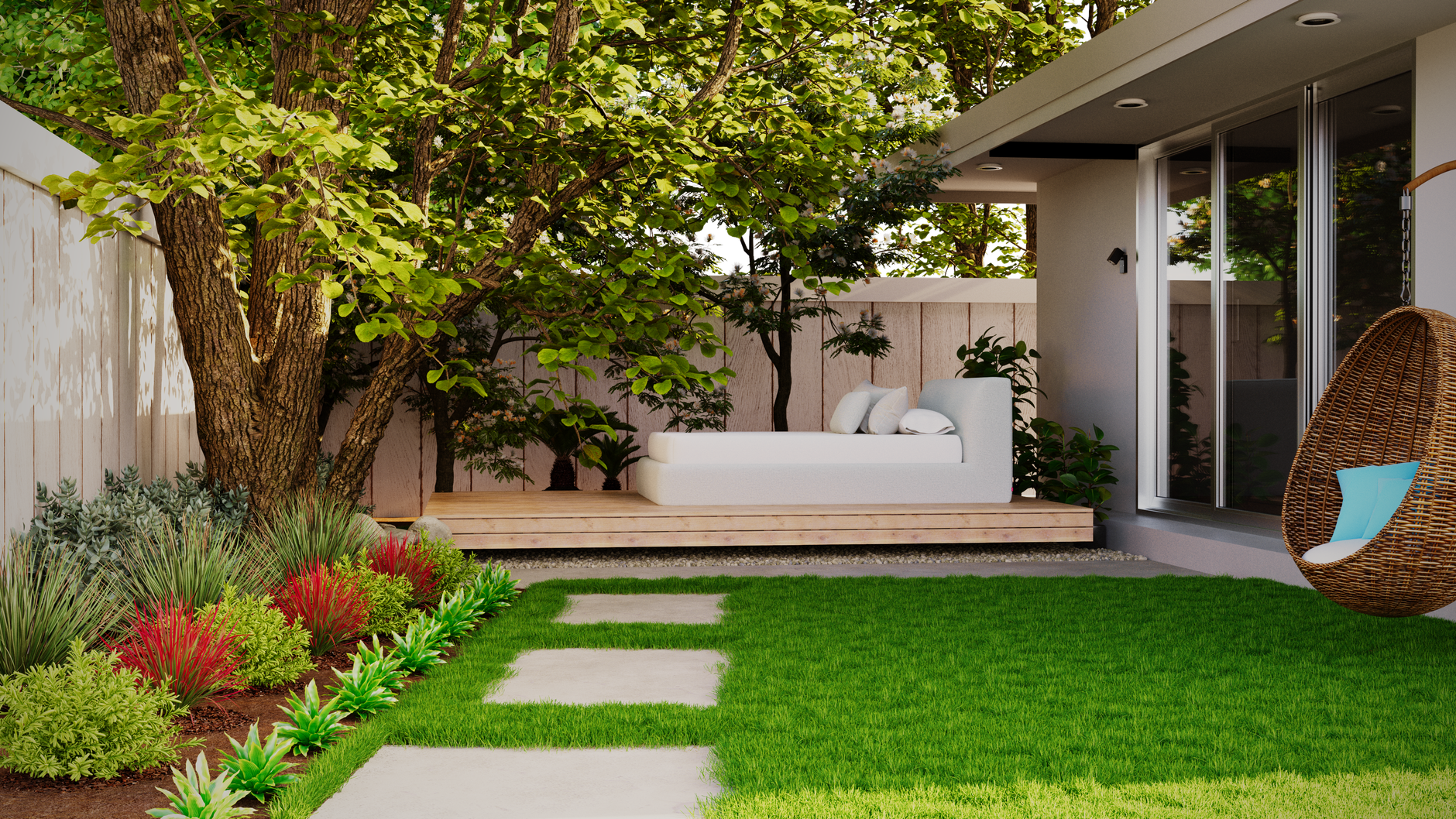 A serene outdoor patio with lush garden, wooden decking, and hammock seating.