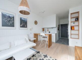 9 Small Apartment Decorating Ideas That Make Every Square Foot Work Minimalist wooden furniture in modern studio apartment with white sofa and kitchen cupboards in sunlight