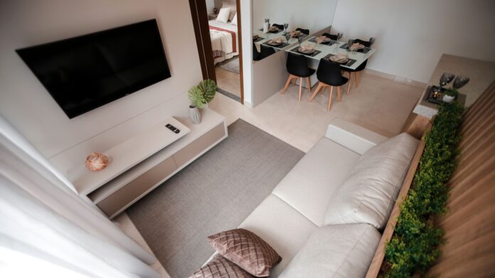 Stylish open-plan living room and dining area with contemporary furniture and decor.