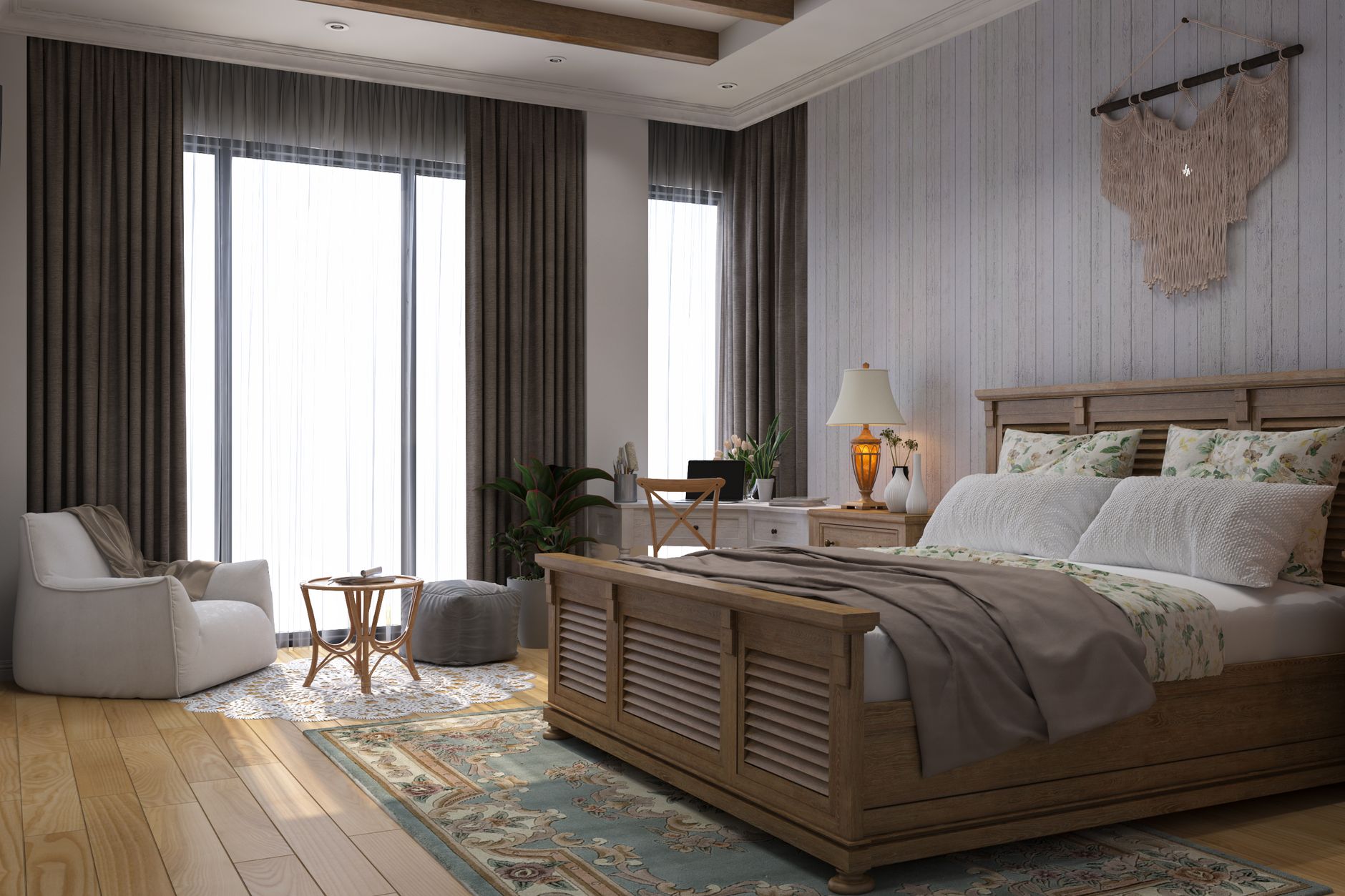 Rustic bedroom interior with wooden elements, natural light and layered bedding