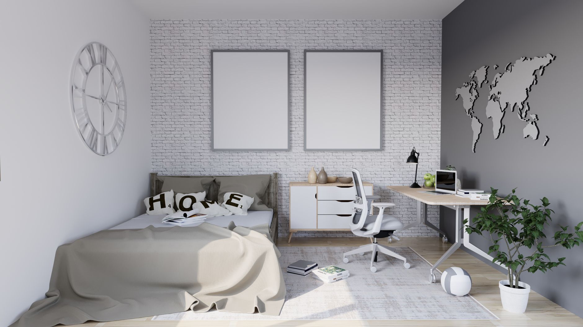 Stylish modern bedroom with workspace featuring minimalistic decor and natural light.