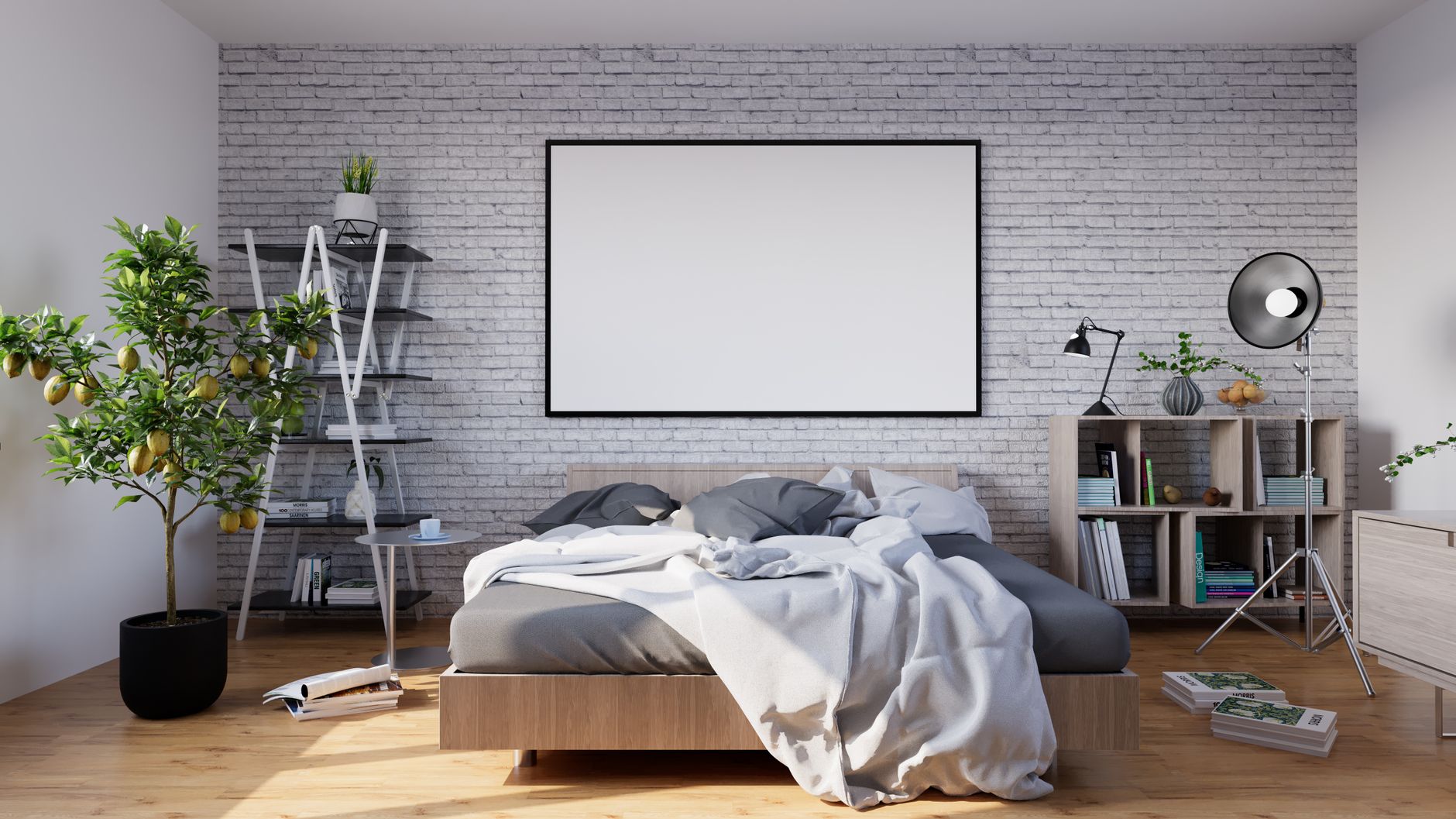 Stylish modern bedroom with minimalist decor, featuring a brick wall and natural lighting.