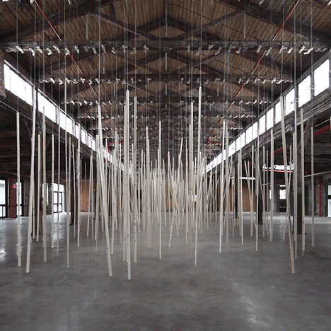 Wooden Poles Randomly Strike The Ground At Zimoun’s Installation In New York