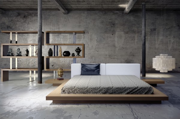 In an open, industrial-style loft, a beautiful bed is key. This simple wooden platform and matching shelving unit are the perfect solution.