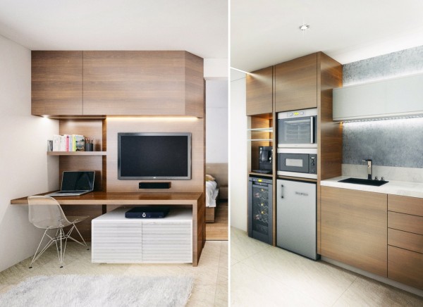 The creative, simple design manages to fit a kitchen, workspace, and even a dining area in a very small space.
