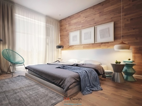 In the bedroom, we can see even more inspiration from the great outdoors, with modern wood paneled walls.