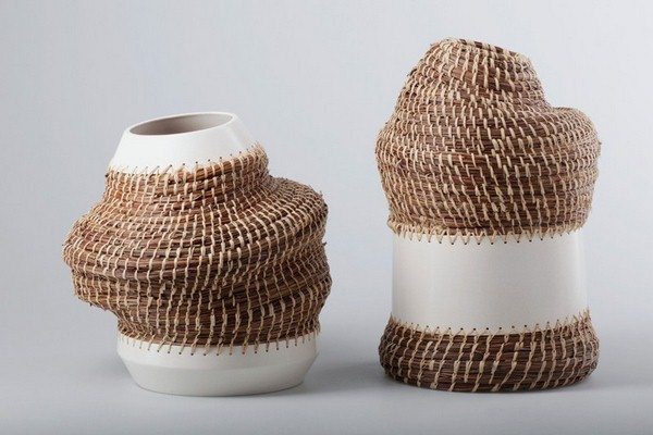 Vases And Containers Combine Basket Weaving And Ceramics