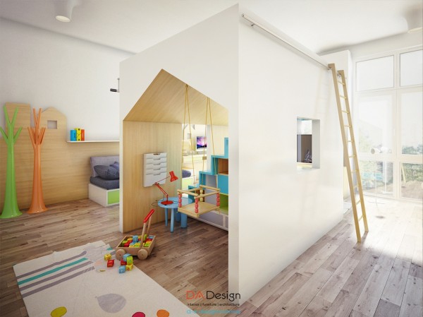 The kid's playroom is perhaps the most amazing room in this modern design.