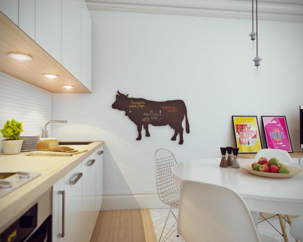The cow-shaped chalkboard is a whimsical touch but also useful for meal planning and grocery shopping.