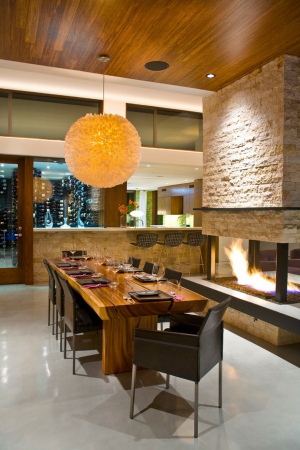 Dining table design ideas fireplace stone wall pendant light