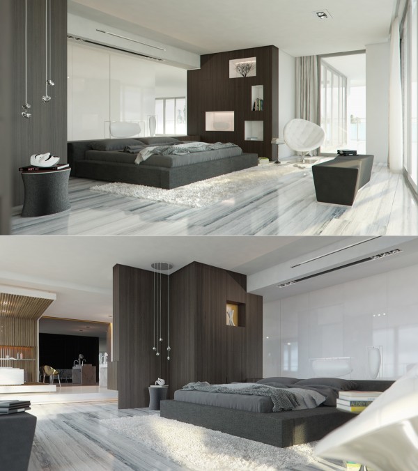 The cool greys and reflective marble floor in this bedroom keep things simple and a little bit zen.