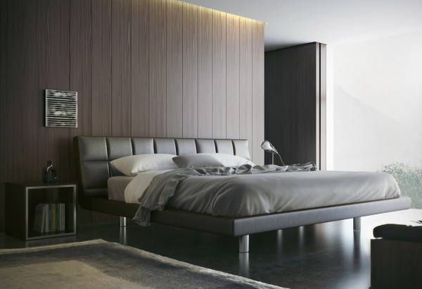 A leather headboard and simple cube end table are quite masculine touches here.