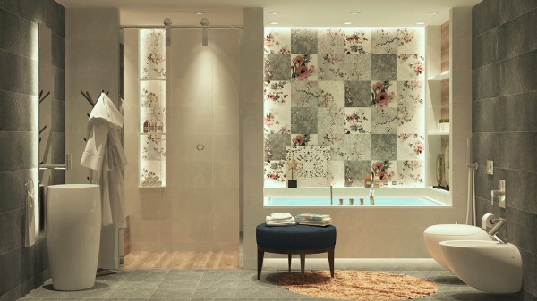 For a more feminine look, this East Asian-inspired bathroom is the perfect solution. Cool blue-gray hues throughout and pretty pink blossom patterned tiles are lovely and delicate.