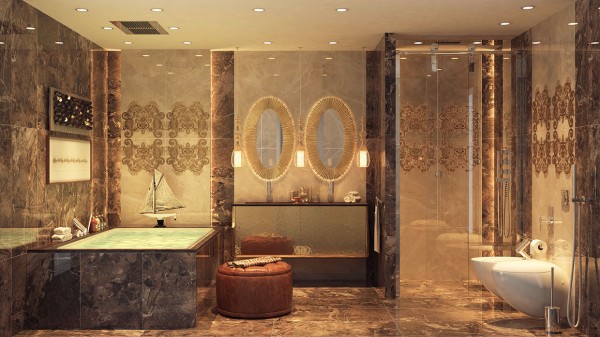 Glistening marble and row after row of recessed lighting really make this elegant bathroom pop. The intricate patterns on the walls give it an extra touch of luxury.