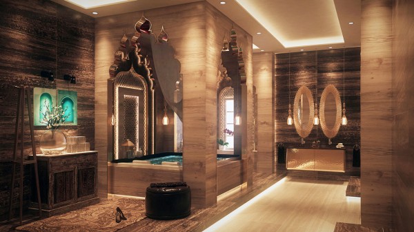 The elaborate archways over the tub are reminiscent of the Taj Mahal and its Mughal-style design.